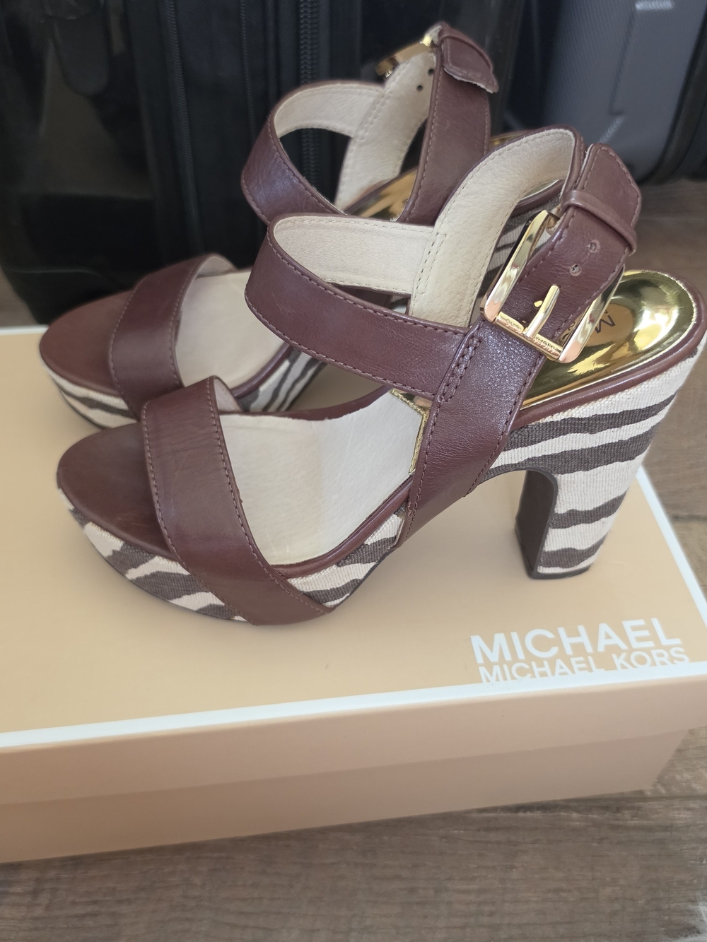 Michael Kors Maroon Leather Platform Sandals with Striped Fabric Heel